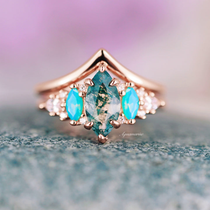 Emerie Moss Agate & Opalescent Sapphire Ring Set- 14K Solid Rose Gold