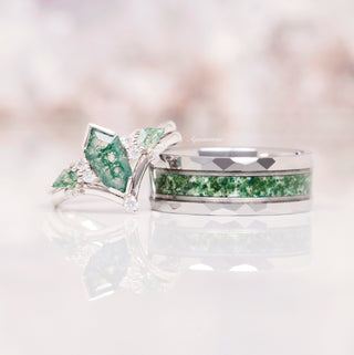 Hexagon Coffin Green Moss Agate Couples Ring Set