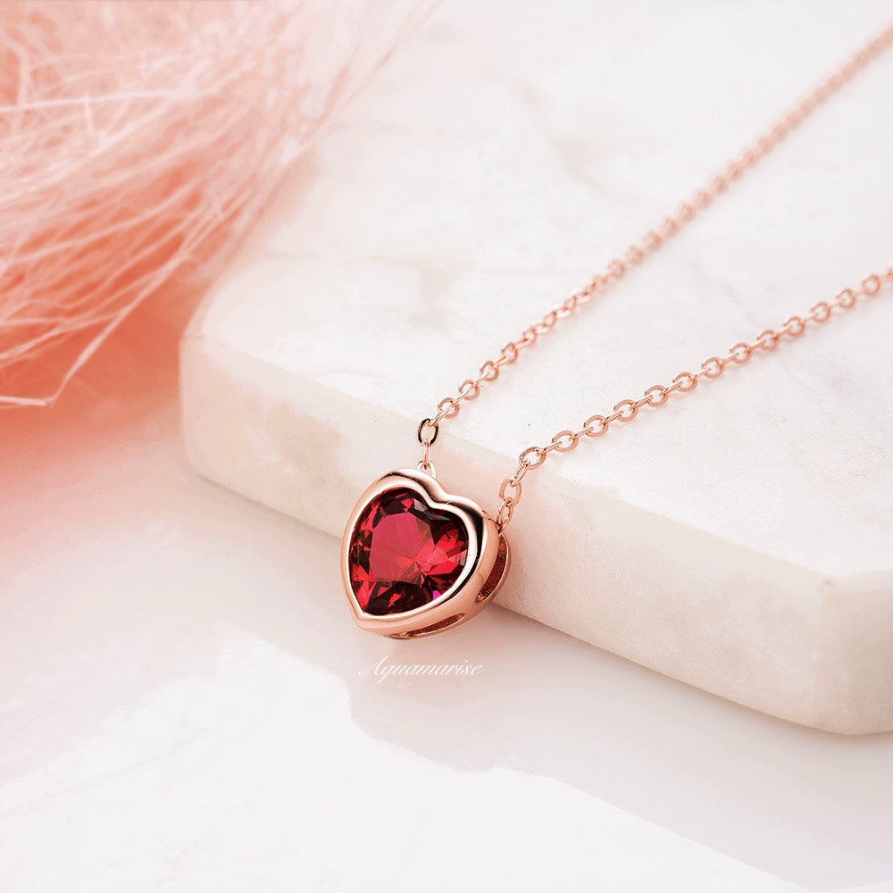 Heart Ruby Necklace- 14K Rose Gold Vermeil