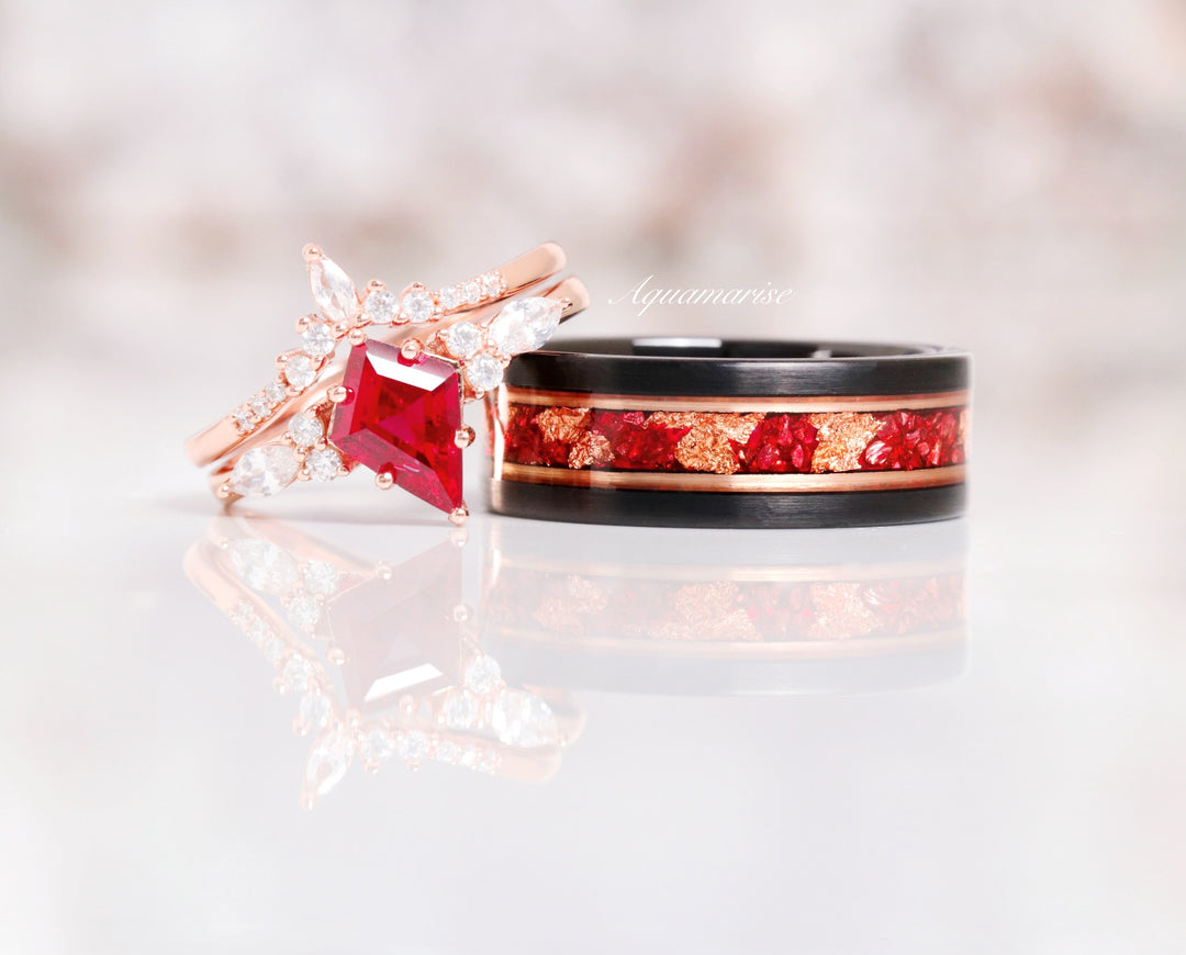 Rose Gold Leaf & Ruby Wedding Band- 8MM Black Tungsten