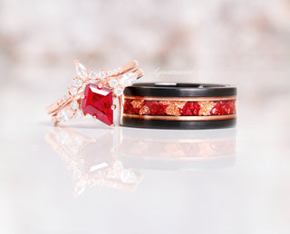 Ruby and Rose Gold Leaf Wedding Band in Two Tone Black Tungsten (8mm)