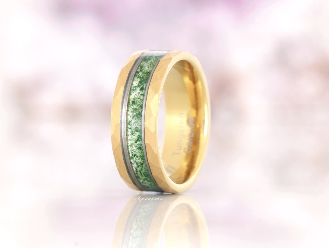 Moss Agate Wedding Band- 8MM Gold Tungsten