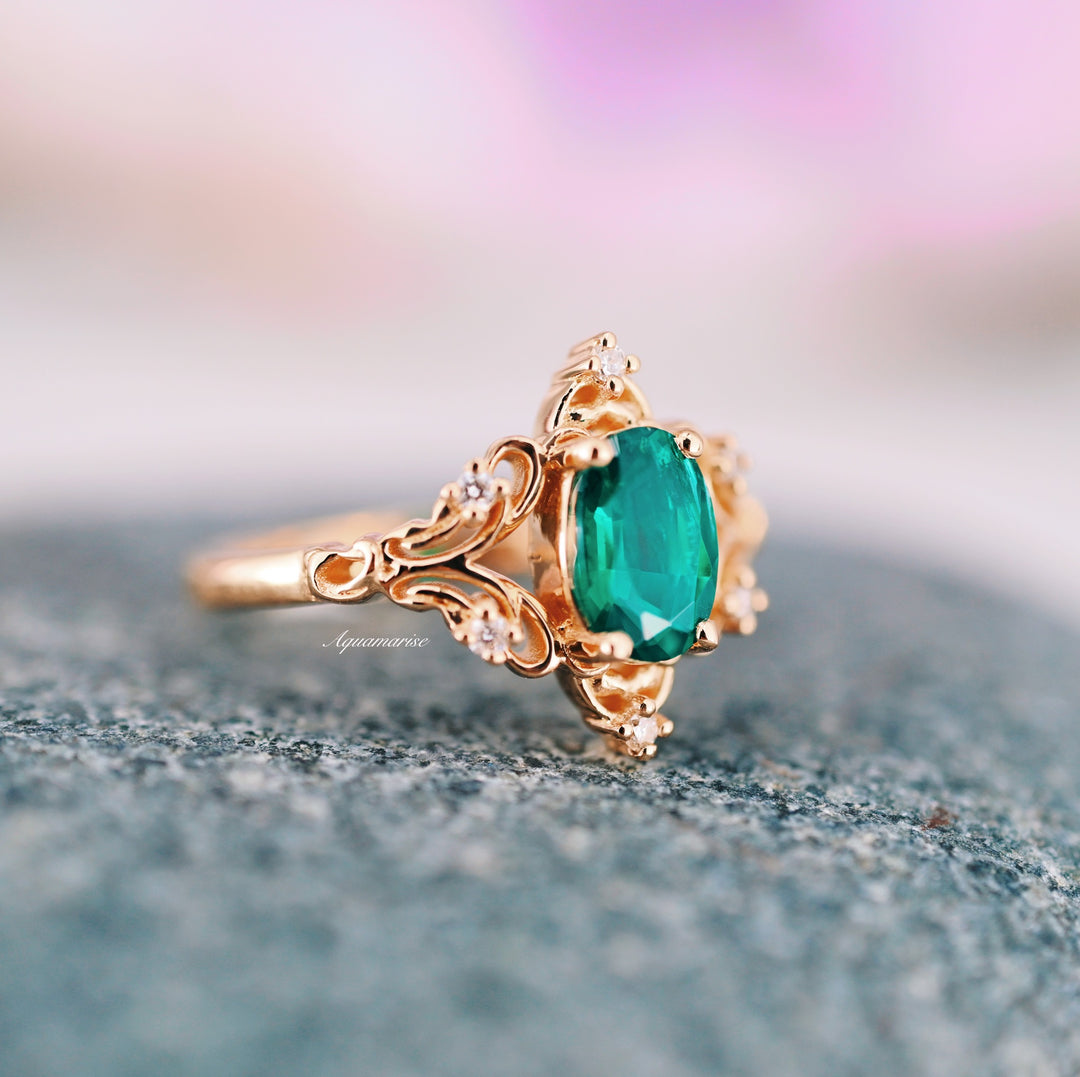 Maeve Emerald Oval Fairy Engagement Ring- 14K Solid Yellow Gold