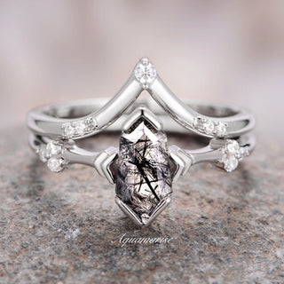 Hexagon Coffin Rutilated Quartz Engagement Ring Set in Sterling Silver
