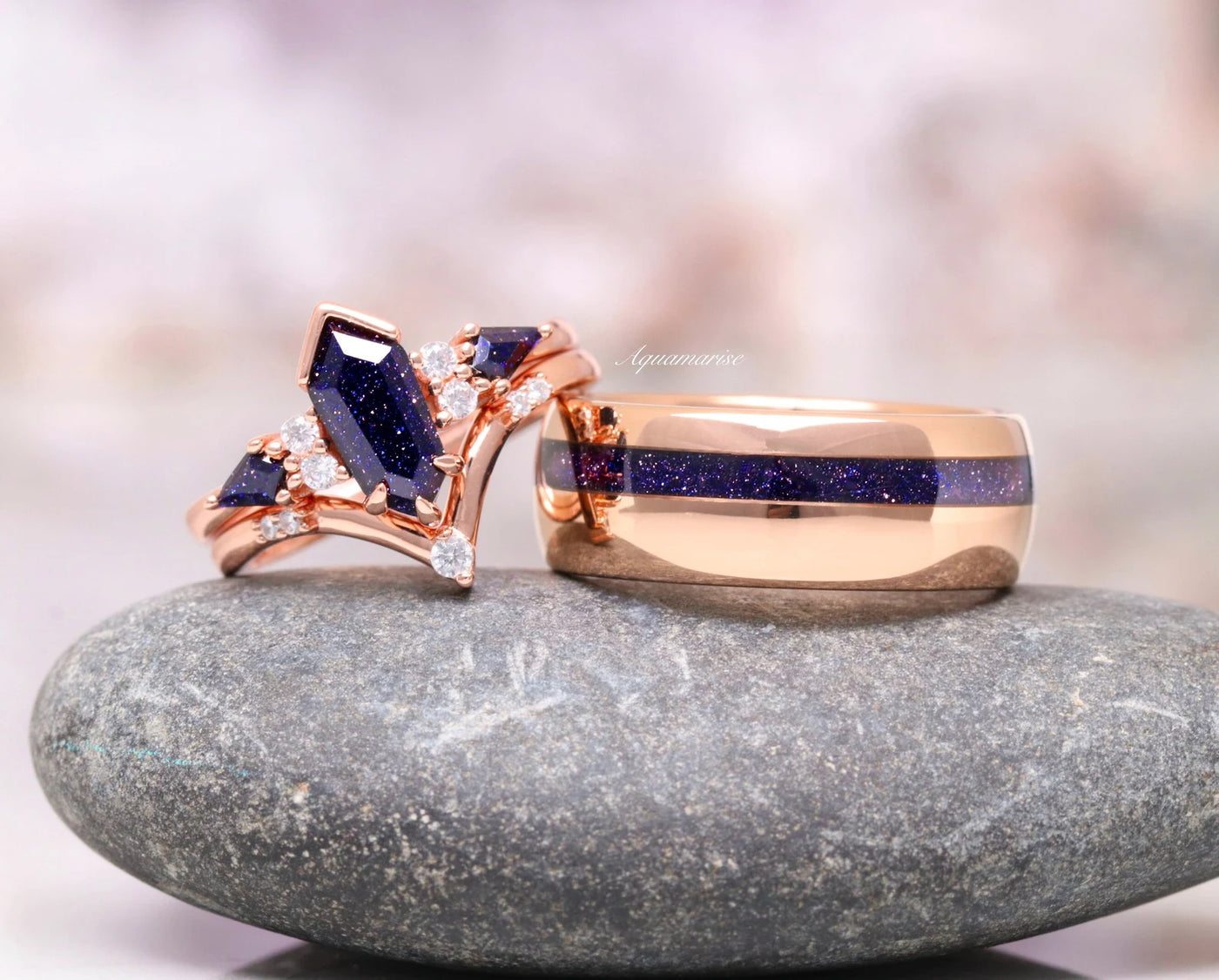 Galaxy Sandstone Coffin Kite Couples Ring Set- His and Hers Orion Nebula Wedding Band