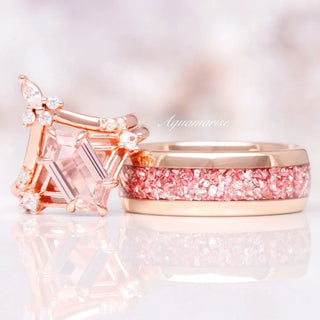 Celtic Hexagon Morganite Couples Ring Set