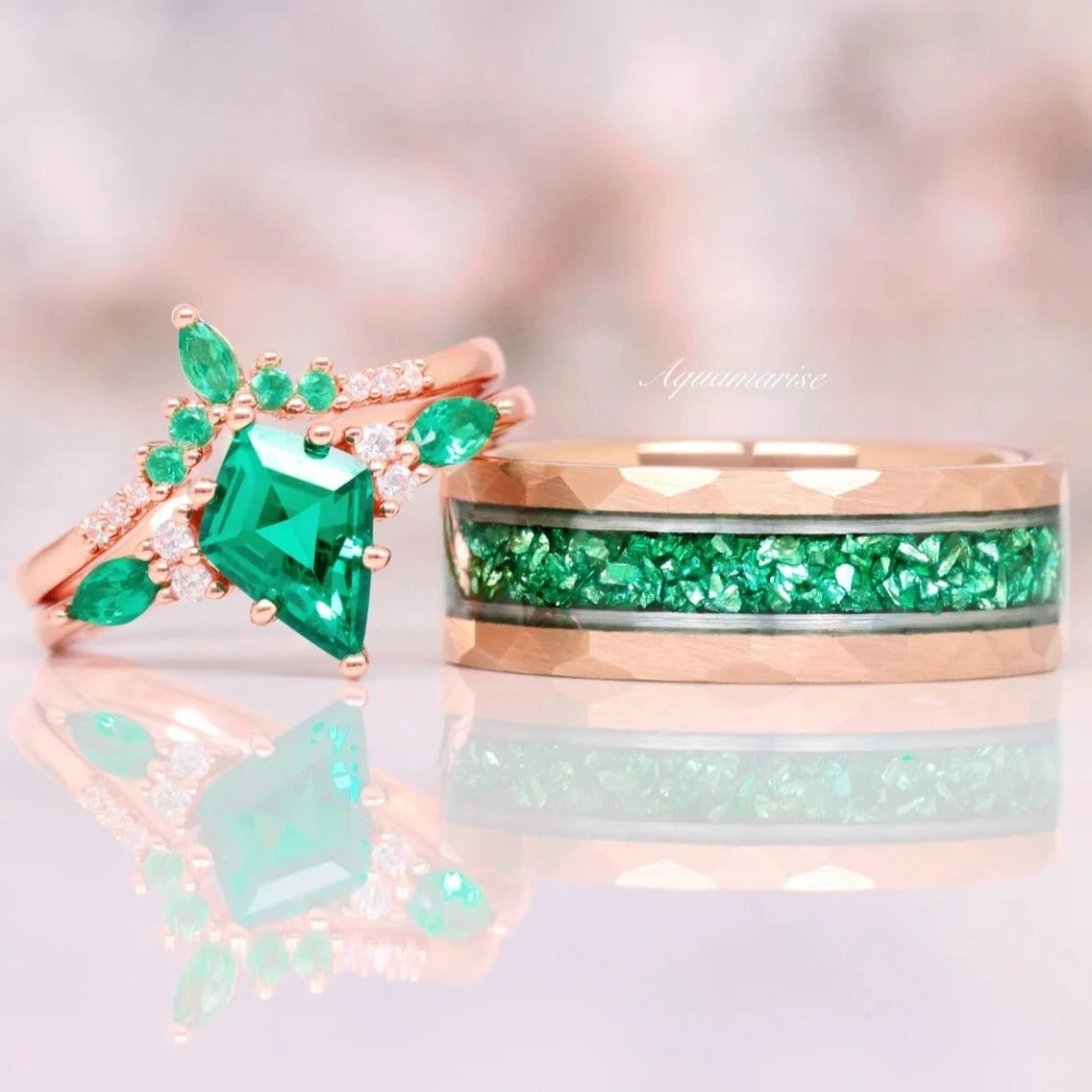 Skye Kite Emerald Couples Ring Set- His and Hers Wedding Band