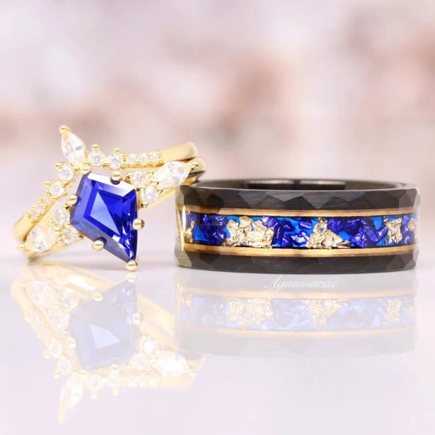 Skye Blue Sapphire & Gold Leaf Couples Ring