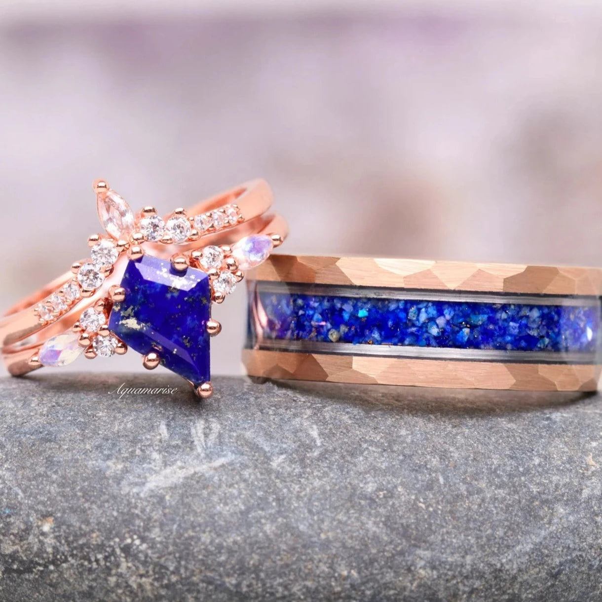 Skye Blue Lapis Lazuli & Moonstone Couples Ring Set- His and Hers Wedding Band
