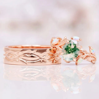 Moss Agate & Fire Opal Leaf Couples Ring Set