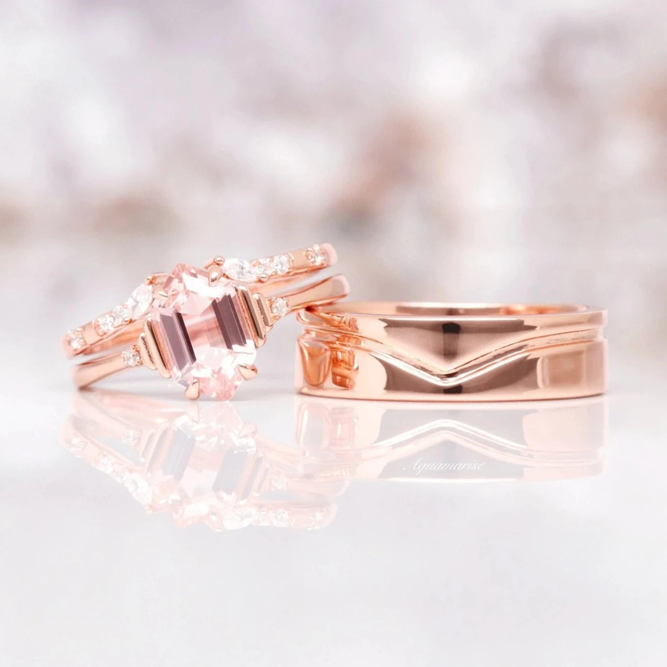 Hexagon Morganite Couples Ring- 14K Rose Gold Vermeil His and Hers Ring Set