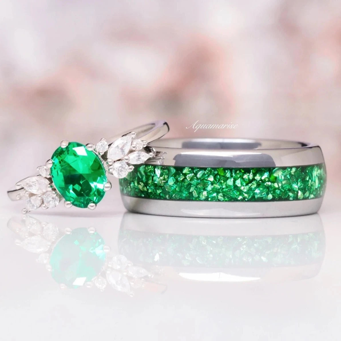 Emerald Green Couples Ring Set- His and Hers Wedding Band