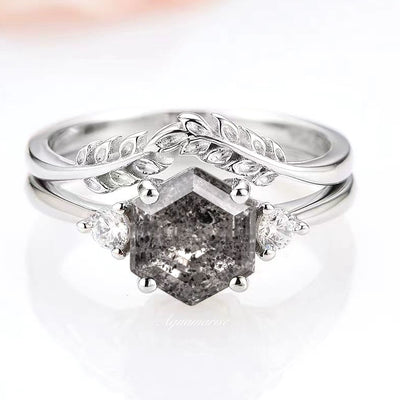 Galaxy Raw Salt and Pepper Diamond Ring- Hexagon Diamond Engagement Ring Set- Unique Bridal Geometric Diamond Promise Ring Sterling Silver