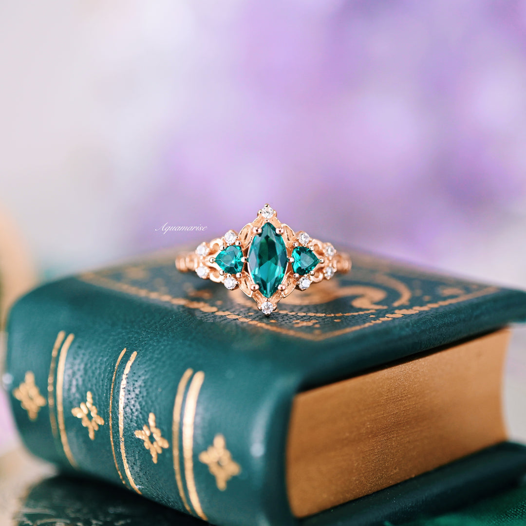 Elain Teal Sapphire Fairy Leaf Engagement Ring- 14K Solid Rose Gold