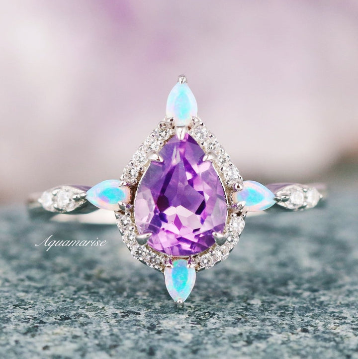 Natural Amethyst & Fire Opal Engagement Ring- 14K White Gold