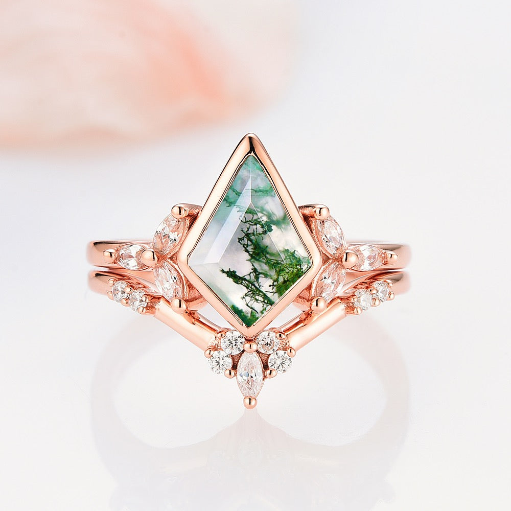 Kite Green Moss Agate Ring Set- 14K Rose Gold Vermeil