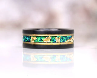 Green Moss Agate & Fire Opal & Gold Leaf Couples Ring Set