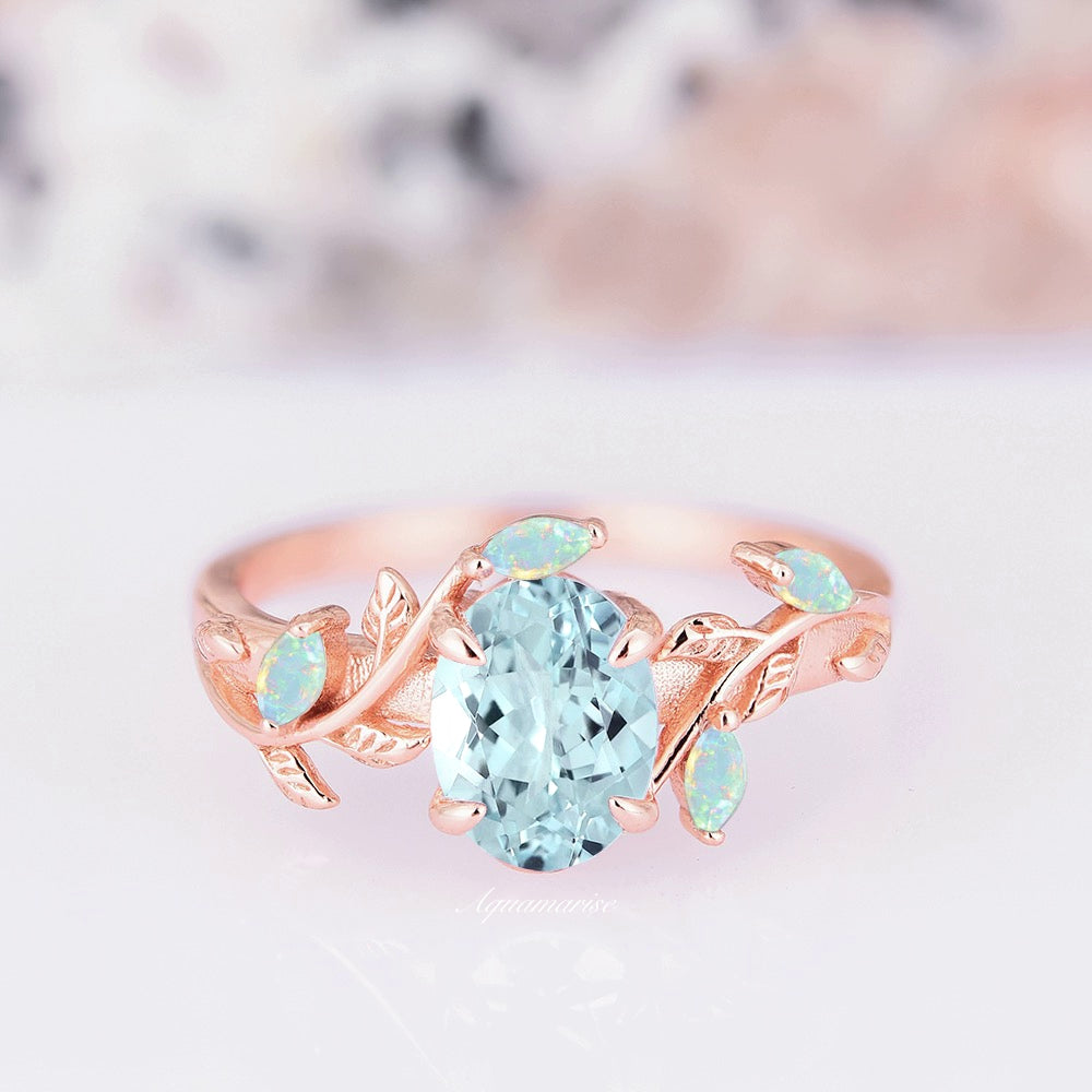 Aquamarine & Opal Leaf Engagement Ring For Woman- 14K Rose Gold Vermeil Aquamarine Promise Ring- March Birthstone- Anniversary Gift For Her