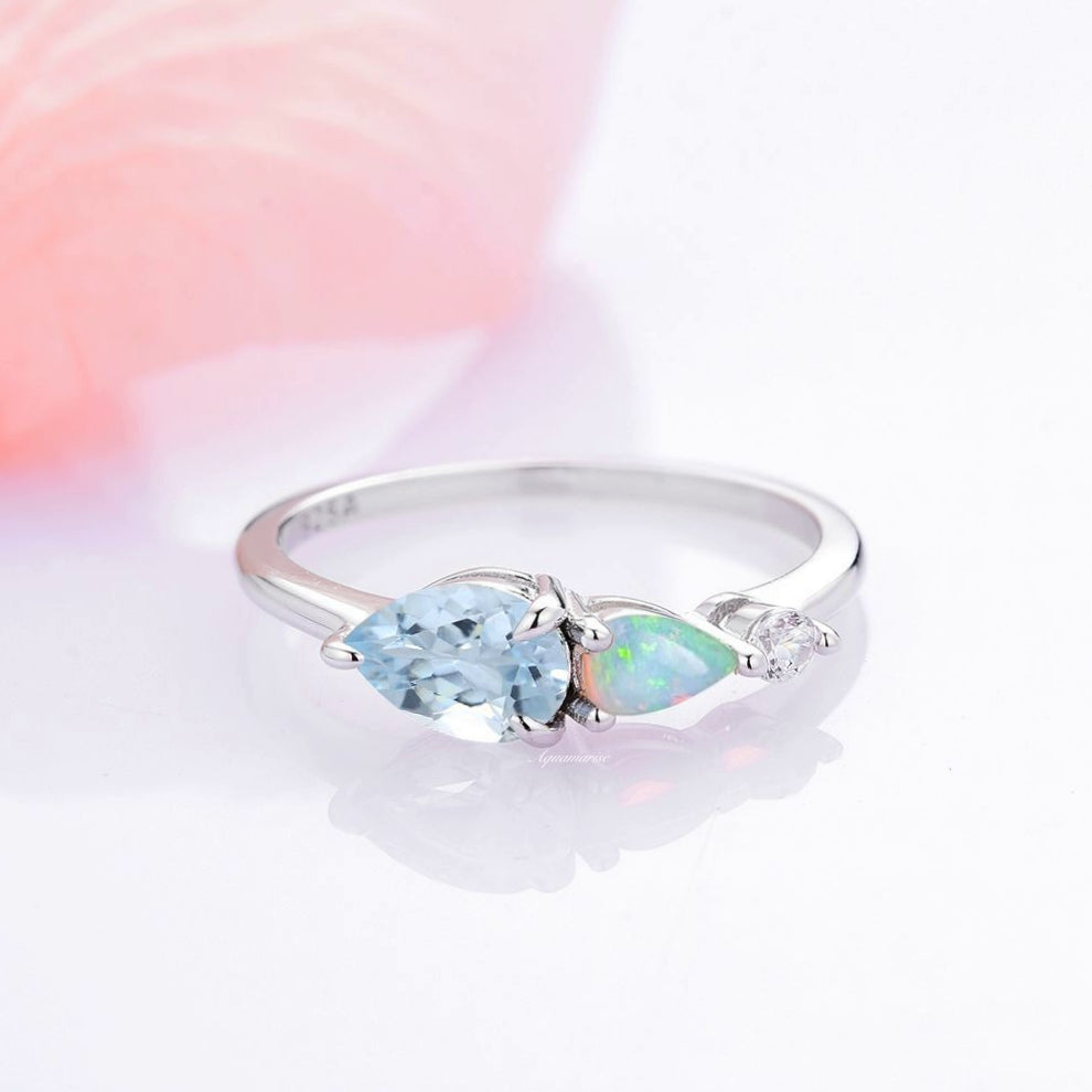 Natural Aquamarine & Opal Ring- Unique 2 Birthstones Engagement Ring For Women- Delicate Promise Ring- 925 Sterling Silver Anniversary Gift