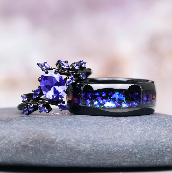 Cornflower Blue Sapphire Leaf Engagement Ring- Black Rhodium Filled