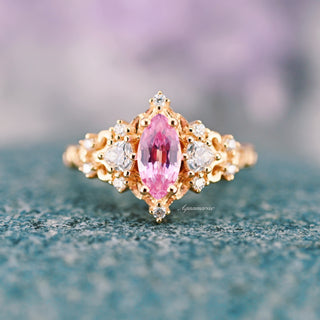 Elain Marquise Pink Sapphire Fairy Leaf Engagement Ring in 14K Solid Yellow Gold