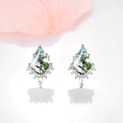 Skye Kite Green Moss Agate Earrings For Women- 925 Sterling Silver Natural Agate Studs Unique Birthstone Jewelry Anniversary Gift For He