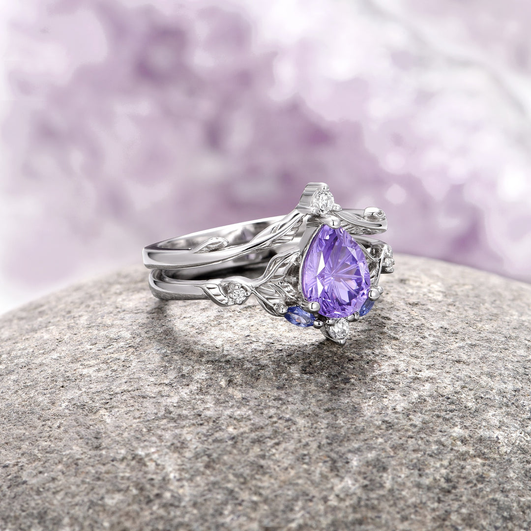 Airee Star Cut Lavender Sapphire Ring Set- 14K White Gold