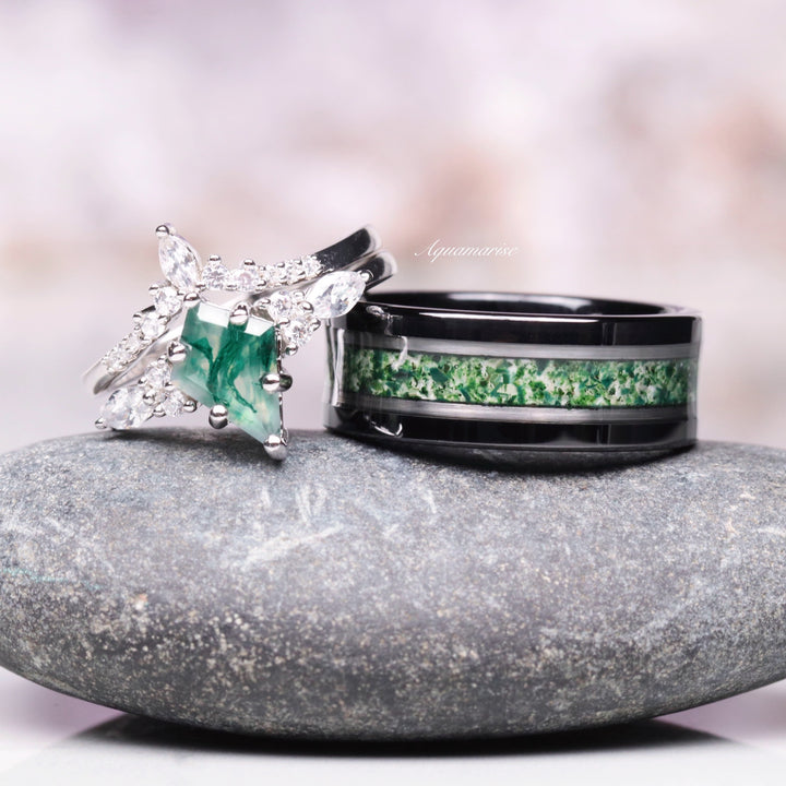 Moss Agate Wedding Band- 8MM Black Tungsten