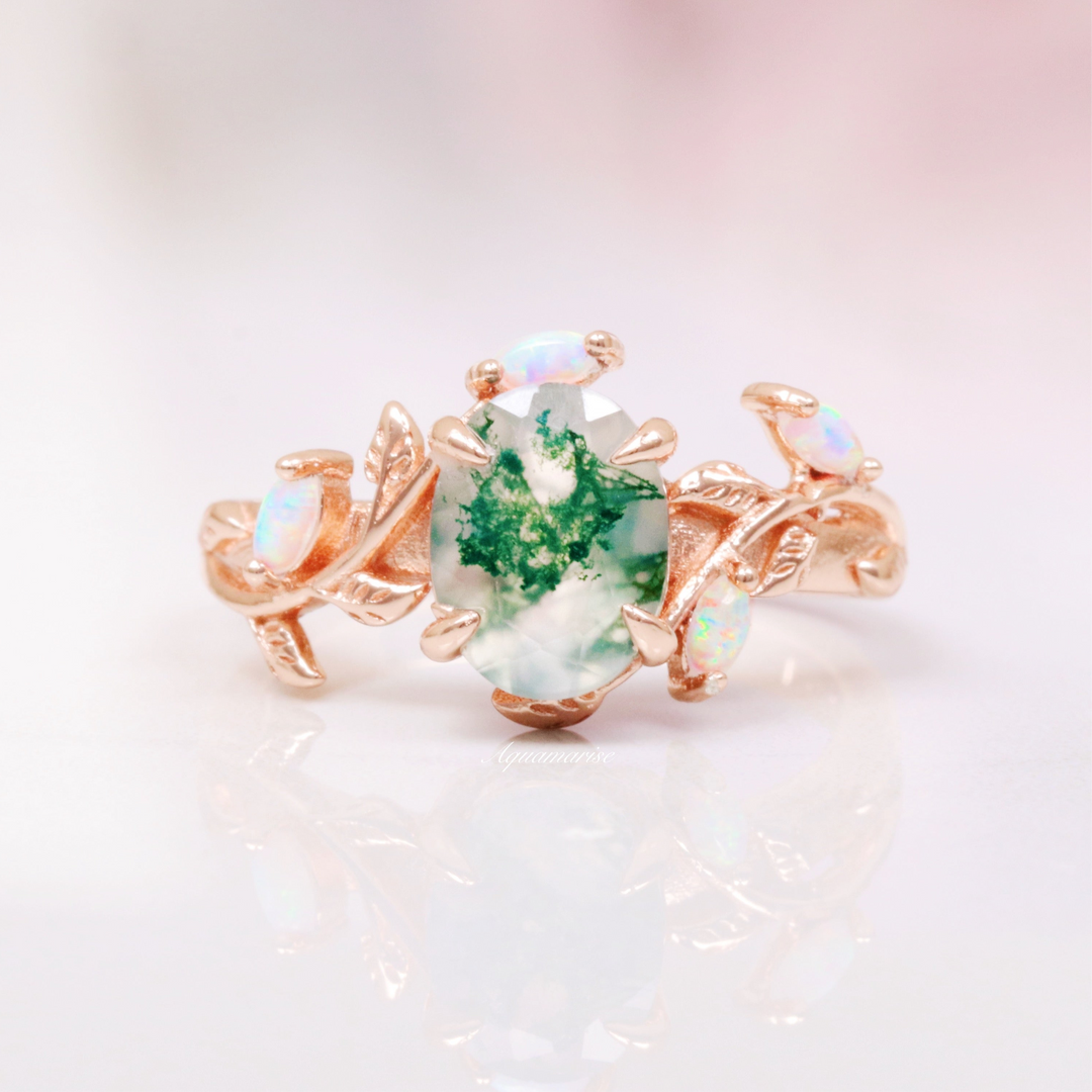 Green Moss Agate & Opal Leaf Ring- 14K Solid Rose Gold