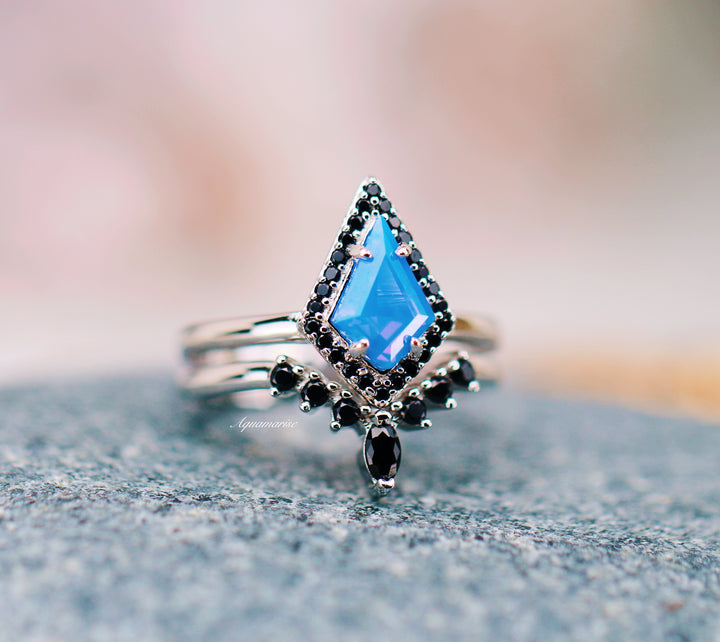 Opalescent Blue Sapphire & Black Onyx Ring Set- Sterling Silver