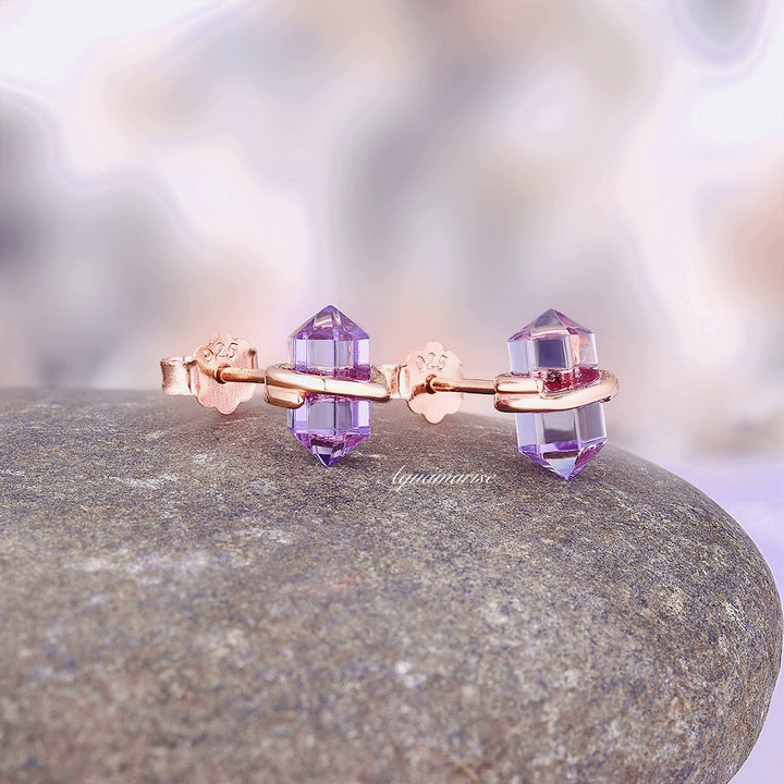 Minimalist Raw Alexandrite Stud Earrings- 14K Rose Gold Vermeil