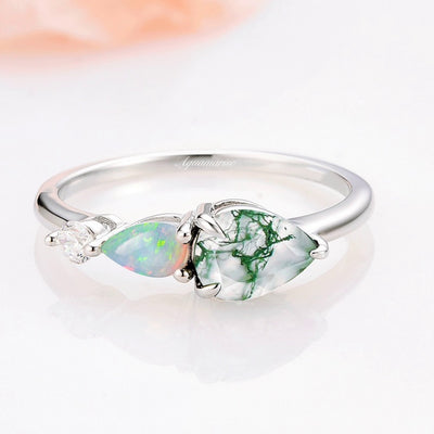 Natural Green Moss Agate & Fire Opal Engagement Ring For Women- 925 Sterling Silver
