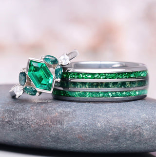 Hexagon Emerald & Moss Agate Couples Ring Set