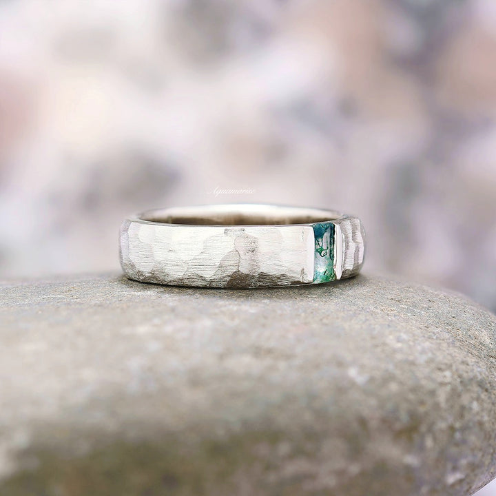 Hammered Moss Agate Wedding Band- 14K White Gold