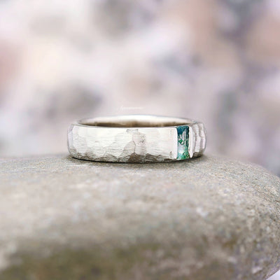 Green Moss Agate Hammered Men's Wedding Band- Natural Moss Agate 925 Sterling Silver 6mm Wedding Band Brushed Comfort Fit Ring Gift For Him