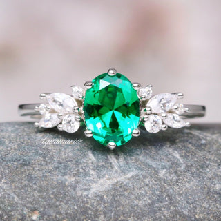 Lily Vintage Emerald Engagement Ring in Sterling Silver
