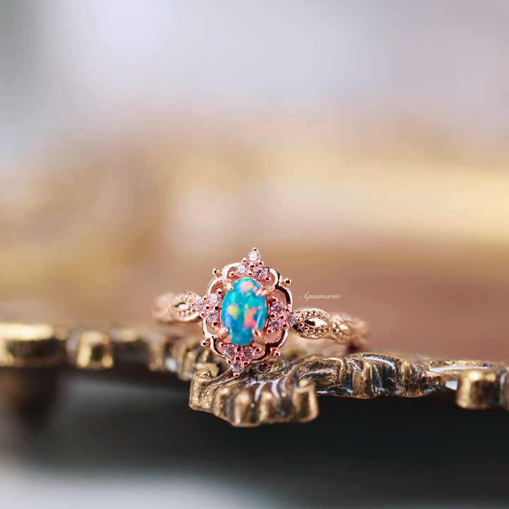 Vintage Blue Fire Opal Engagement Ring- 14K Solid Rose Gold