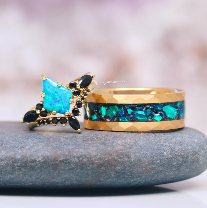 Skye Kite™  Blue Fire Opal & Black Onyx Ring Set- 14K Yellow Gold Vermeil