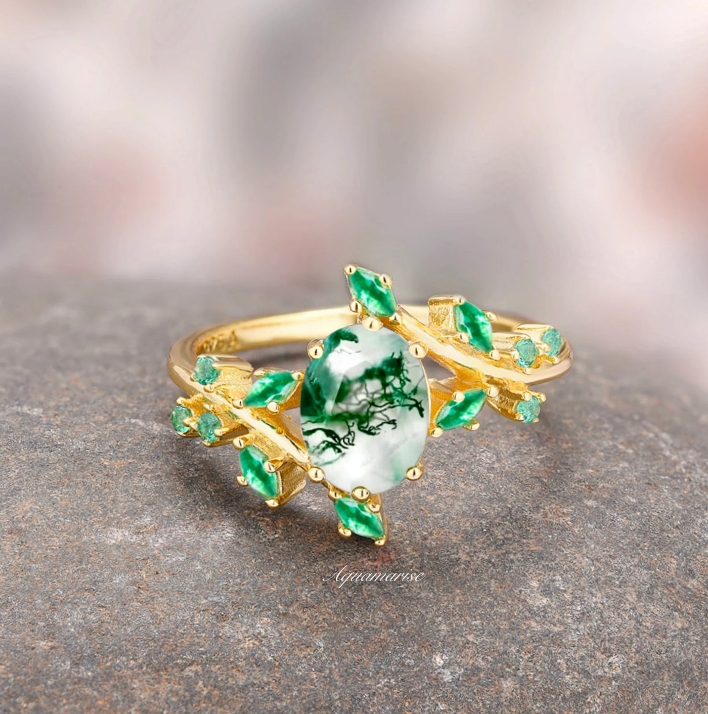 Green Moss Agate & Fire Opal Gold Leaf Couples Ring Set- His and Hers Wedding Band