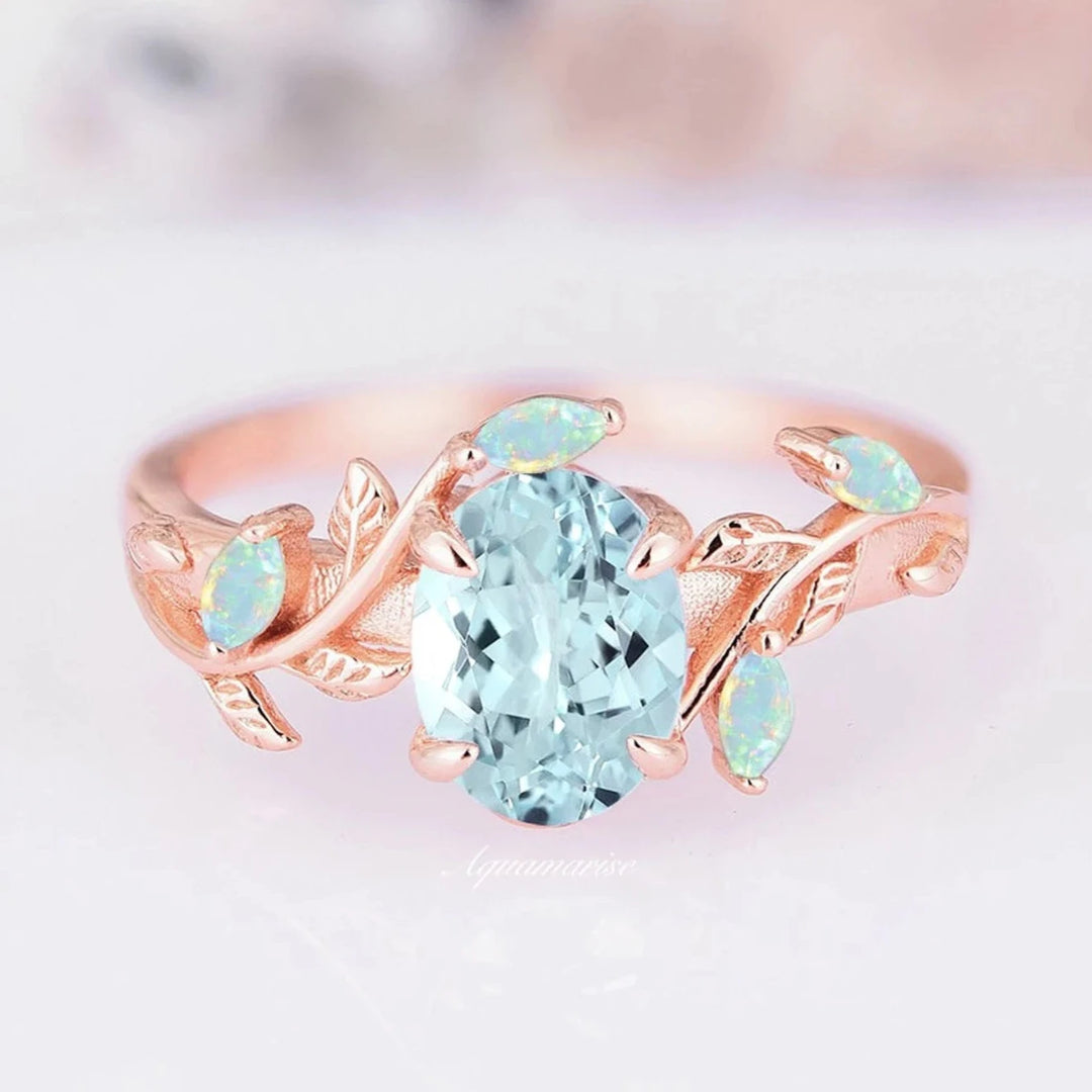 Aquamarine & Fire Opal Leaf Couples Ring