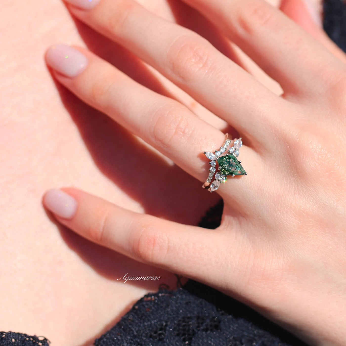 Skye Kite Green Moss Agate Ring Couples Ring- His and Hers Wedding Band- 925 Sterling Silver