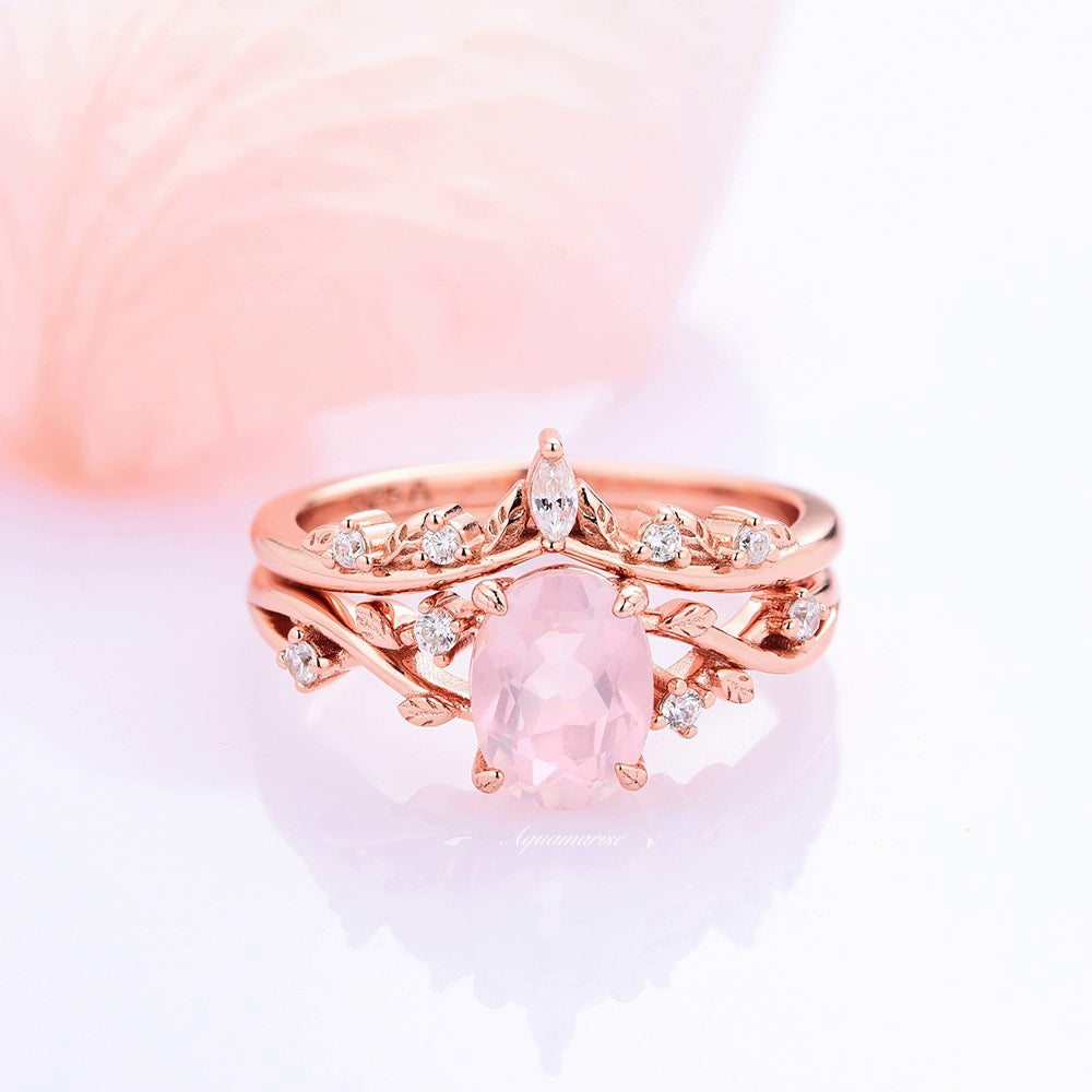 Natural Rose Quartz Ring Set- Leaf Wedding Ring Set 14K Rose Gold Vermeil- Pink Gemstone Engagement Ring- Unique Twig Dainty Promise Ring