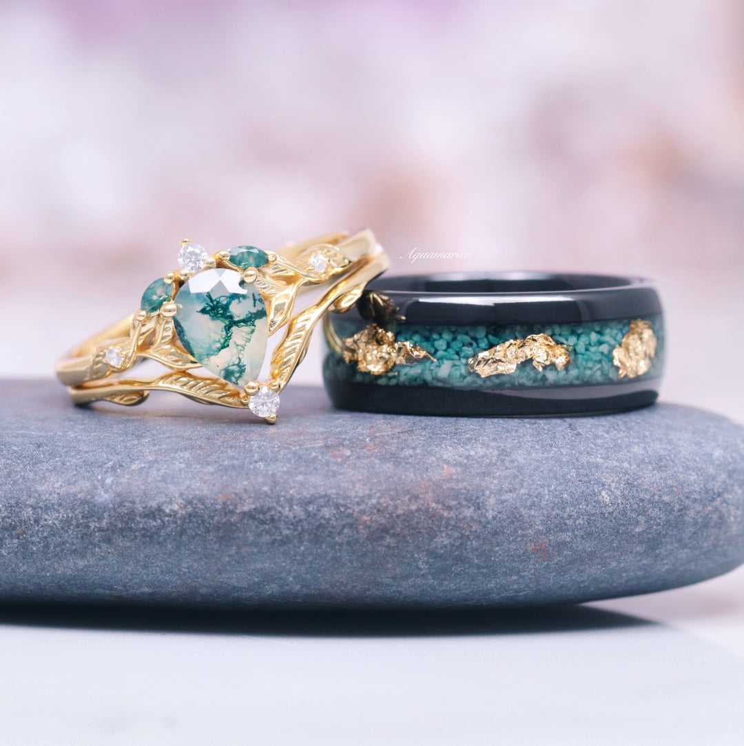 Airee Green Moss Agate Feather Ring Set- 14K Solid Yellow Gold