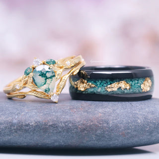 Green Moss Agate & Gold Leaf Couples Ring Set