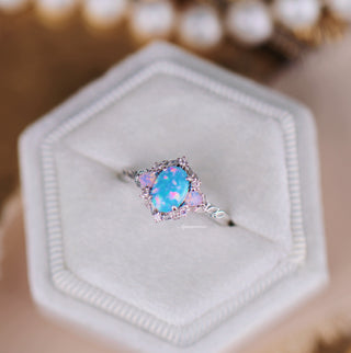 Blue Fire Opal & Opalescent Sapphire Leaf Engagement Ring in Sterling Silver