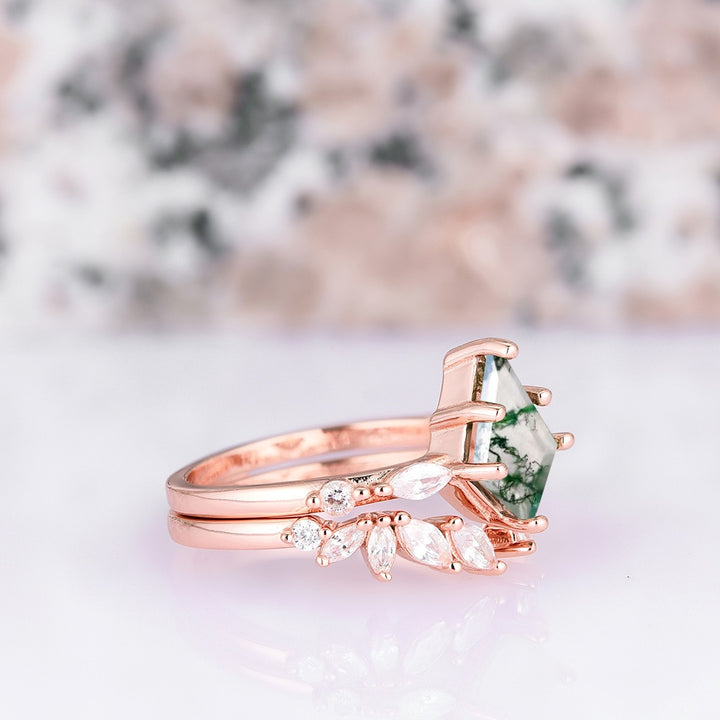 Kite Green Moss Agate Ring Set- 14K Rose Gold Vermeil