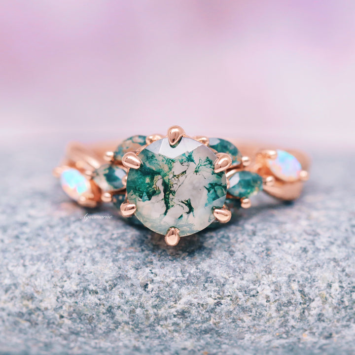 Enchanted Garden Green Moss Agate & Fire Opal Ring- 14K Solid Rose Gold