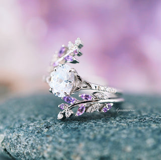 Simulated Diamond & Amethyst Leaf Couples Ring Set