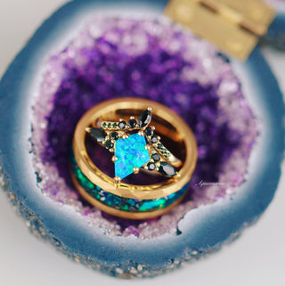 Skye Kite® Blue Fire Opal, Meteorite & Starry Night Couples Ring Set
