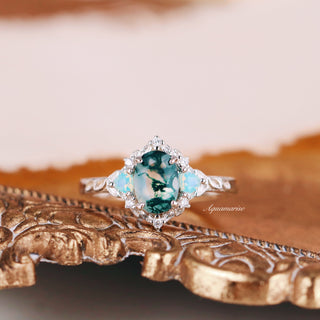 Moss Agate & Opalescent Sapphire Engagement Ring in 14K White Gold